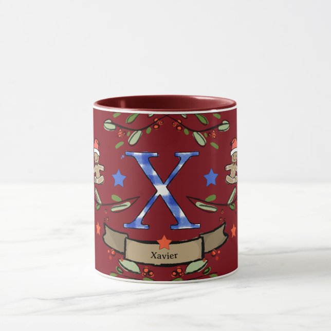 Mug Joli Monogramme de Noël rétro "X" avec le nom (Centre)