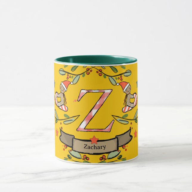 Mug Joli Monogramme de Noël rétro "Z" avec nom (Centre)