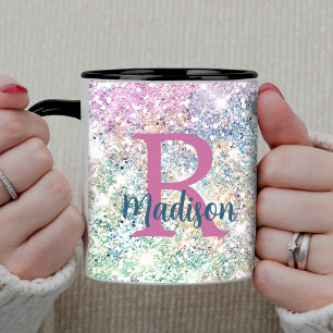 Mug Joli monogramme iridescent licorne rose faux paill