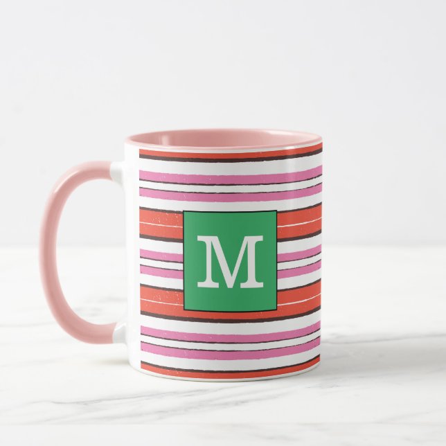 Mug Joli motif rayé Monogrammé l Rose l Vert (Gauche)