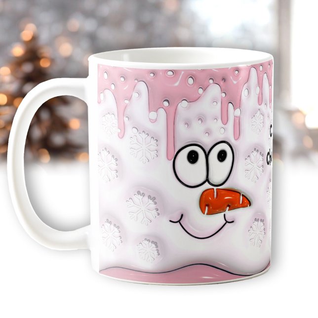 Mug Joli Noël Melding Snowman visage rose Nom (Cute Christmas Melting Snowman Face Pink Name Coffee Mug)