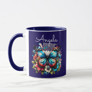 Mug Joli Papillon Bleu et Fleurs Personnalisé