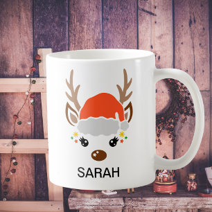 Mug Joli Renne avec Chapeau de Père Noël Nom Personnal