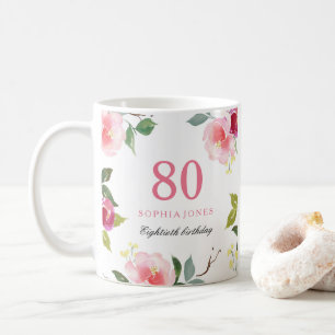 Mug Joli rose élégant floral 80e anniversaire cadeau