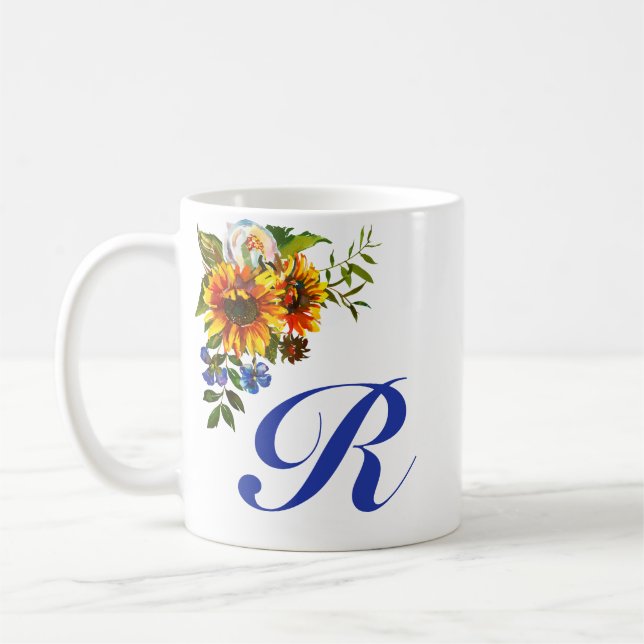 Mug Joli Tournesol Rustique Monogramme Bleu (Gauche)