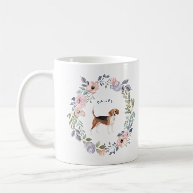 Mug Jolie aquarelle florale | Chien Beagle (Gauche)