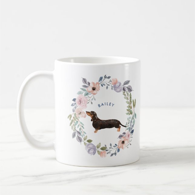 Mug Jolie aquarelle florale | Chien Dachshund (Gauche)