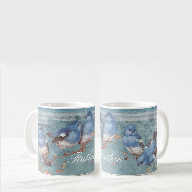 Mug Jolie aquarelle Petits Oiseaux Bleus Personnalisé (Créateur téléchargé)