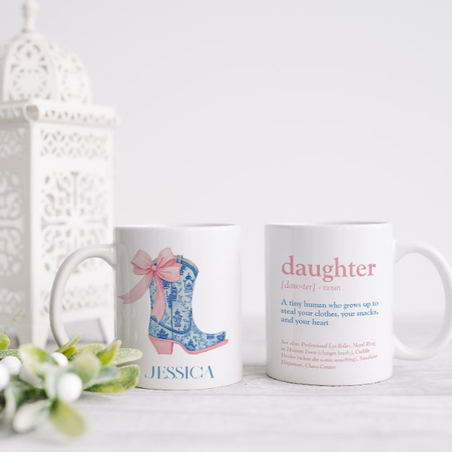 Mug Jolie Chinoiserie Rose & Bleu Bow fille (Pretty and sassy this mug is two sided to give a funny definition of a daughter and a pretty image)