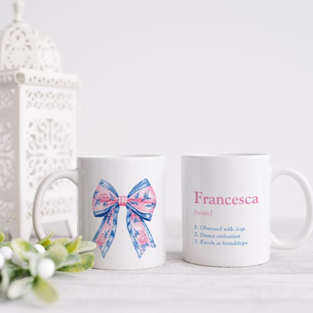 Mug Jolie Chinoiserie rose et bleu Bow Friend (Pretty bow mug for the female in your life.  Add their name on the reverse with three positive notes)