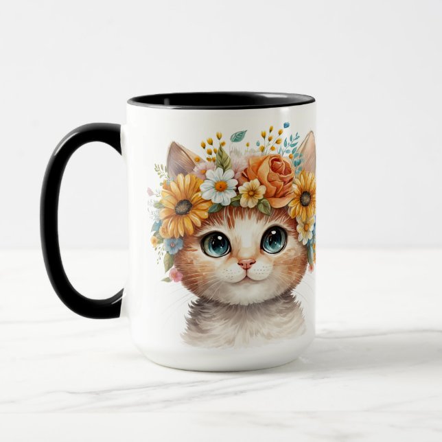 MUG JOLIE FACE CHAT BLANC DE COULEUR D'EAU AVEC FLEURS (Gauche)