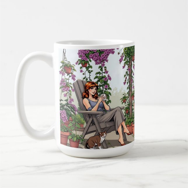 Mug Jolie femme buvant du café, son chien et Plantes (Gauche)