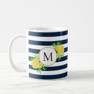 Mug Jolie Marine Rayures Aquarelle Jaune Monogramme de