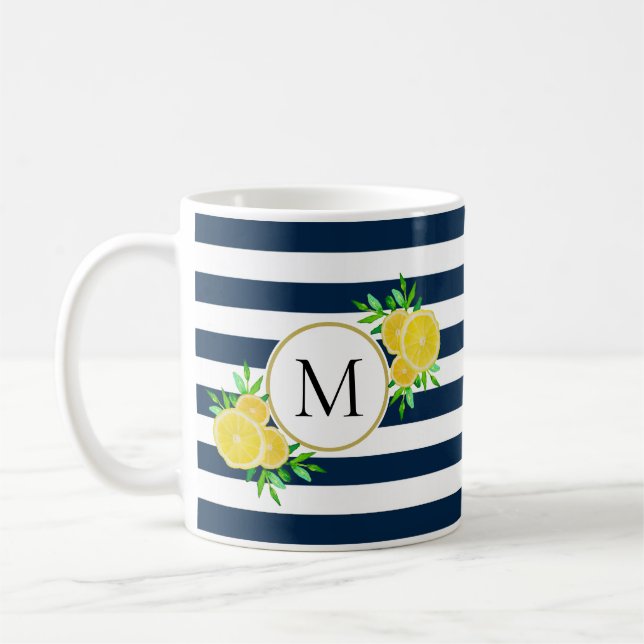 Mug Jolie Marine Rayures Aquarelle Jaune Monogramme de (Gauche)