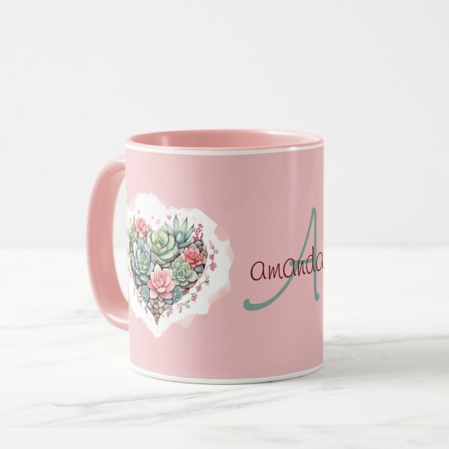 Mug Jolie rose Succulent Coeur Monogramme Valentines J (Devant gauche)