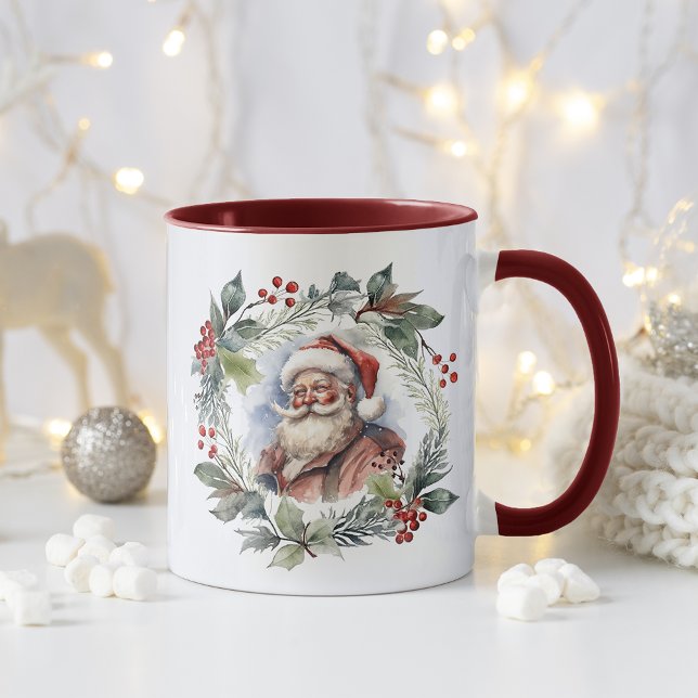 Mug Jolly Souriant Père Noël Aquarelle couronne de Noë (Créateur téléchargé)