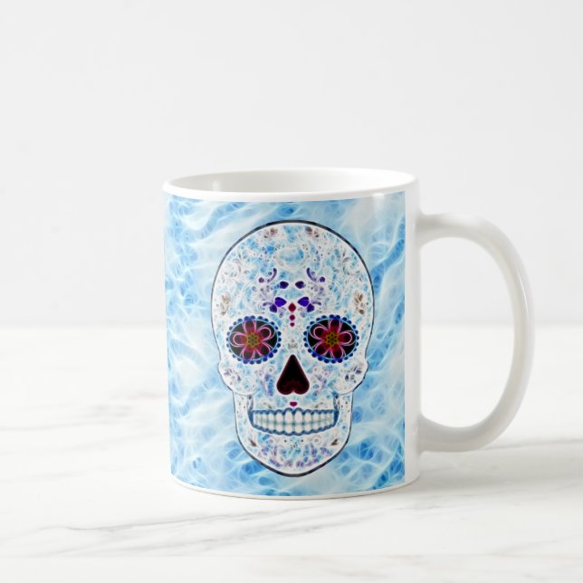 Mug Jour du crâne mort de sucre - fractale de bleus (Droite)