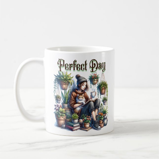 Mug Jour parfait | Lecture féminine avec chat et Plant (Gauche)