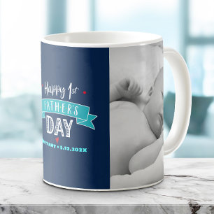 Mug Joyeuse 1ère Fête des Pères 2 Photo Turquoise Typo
