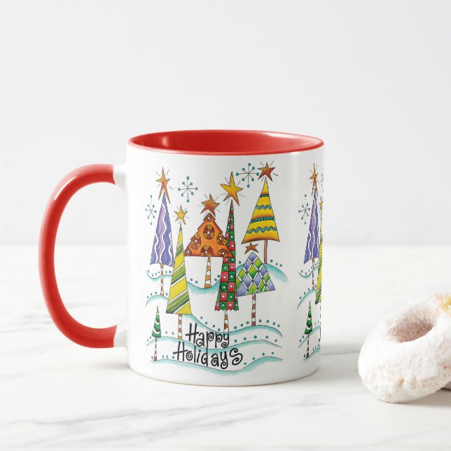 Mug Joyeuses fêtes ! De beaux arbres de Noël aux étoil (Avec donut)
