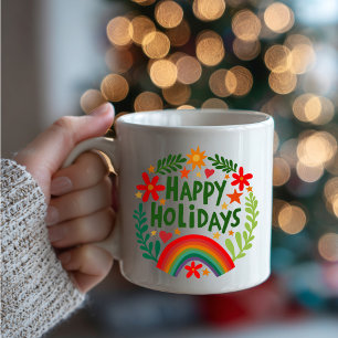 Mug Joyeuses Vacances Arc-en-ciel mignon à la main col