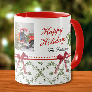Mug Joyeuses vacances Mistletoe Red Bow Family Photo