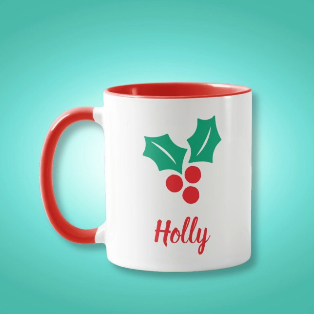 Mug Joyeuses Vacances Rouge Blanc Vert Holly Nom perso (Créateur téléchargé)