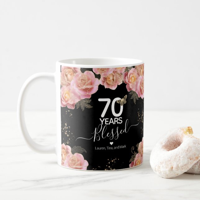 Mug Joyeux anniversaire 70 ans béni rose Floral (Avec donut)