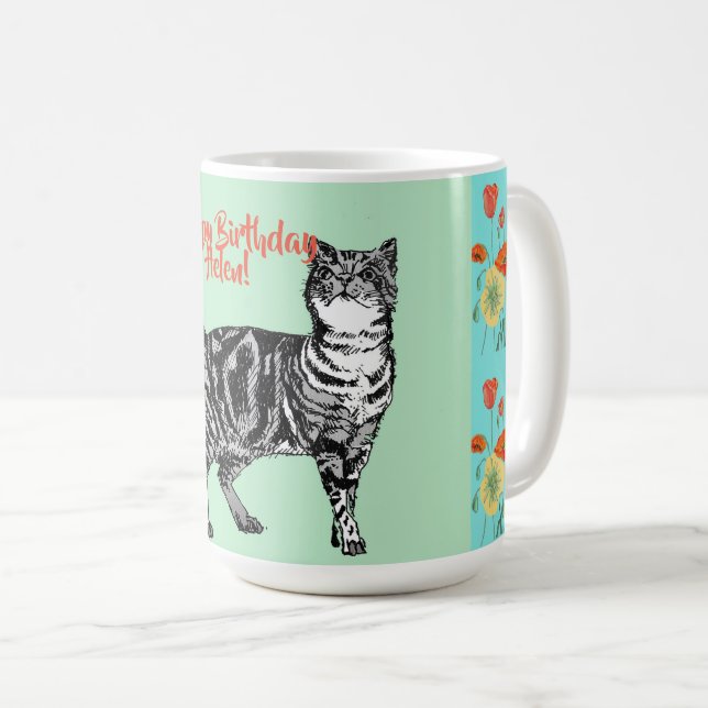 Mug Joyeux Anniversaire Chat Orange Poppy Femmes Nom M (Devant droit)