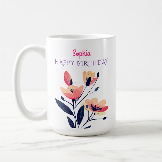 Mug Joyeux Anniversaire, Nom, Fleurs, Blanc (Gauche)
