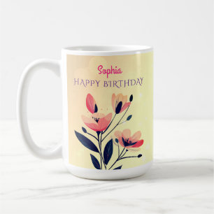 Mug Joyeux Anniversaire, Nom, Fleurs sur Fond Doré Dég