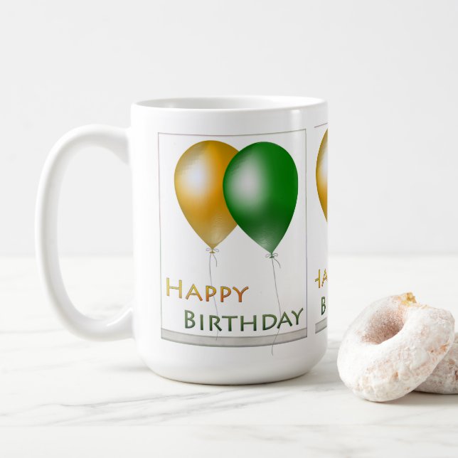 Mug Joyeux Ballons d'anniversaire Vert et Or (Avec donut)