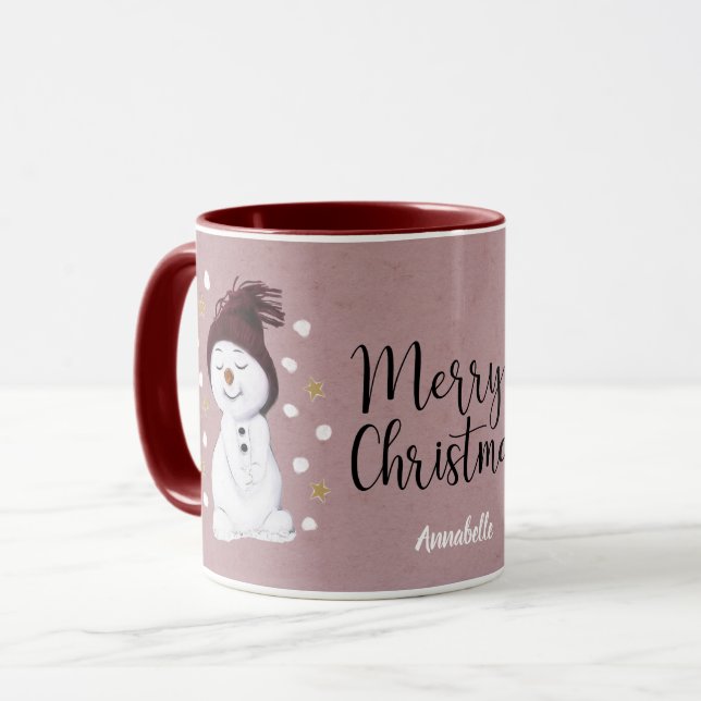 Mug Joyeux bonhomme de neige rose Noël (Devant gauche)