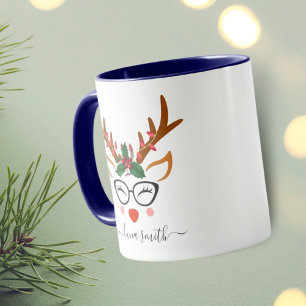 Mug Joyeux cadeau de Noël Cute Reindeer Visages Navy B