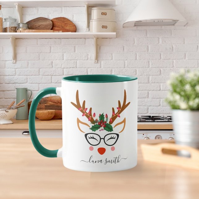 Mug Joyeux cadeau de Noël Cute Reindeer Visages vert (Créateur téléchargé)