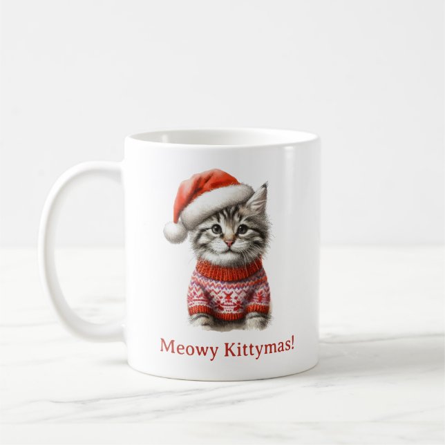 Mug Joyeux Catmas Cute Tabby Kitten Père Noël Noël (Gauche)
