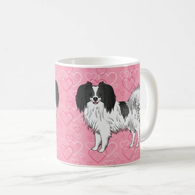 Mug Joyeux Chien Phalène Noir Et Blanc Sur Coeurs Rose (Devant droit)