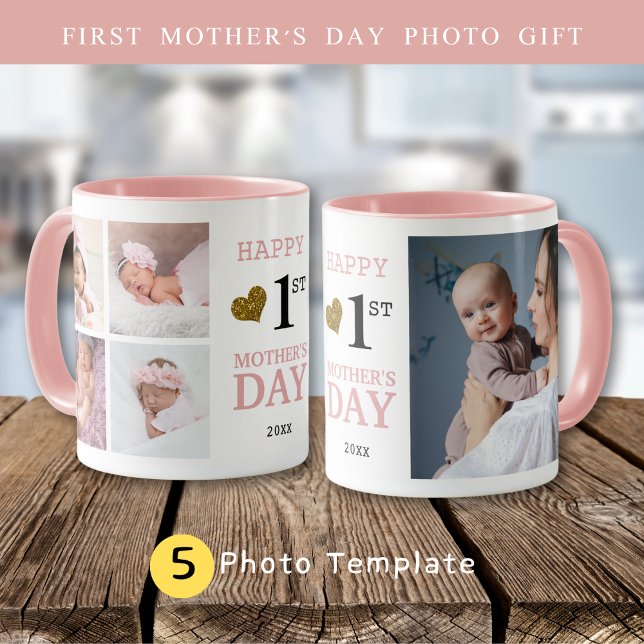 Mug Joyeux Fête des Mères 5 Photo Collage rose (Happy First Mother's Day 5 Photo Collage Pink Mug
)