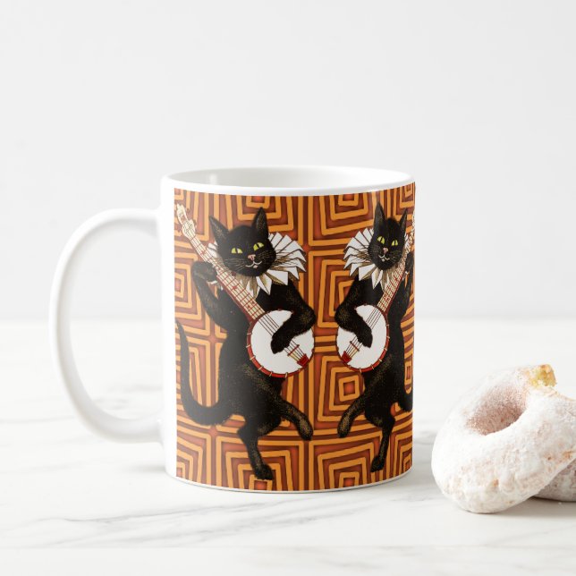 Mug Joyeux Halloween Chat noir Banjo Arrière - plan or (Avec donut)
