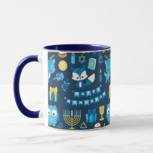 Mug Joyeux Hanoukka Menorah Sufganiyot Cute Owl Blue