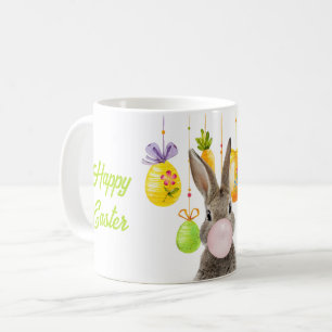 Mug Joyeux lapin de Pâques soufflant rose bulle gomme