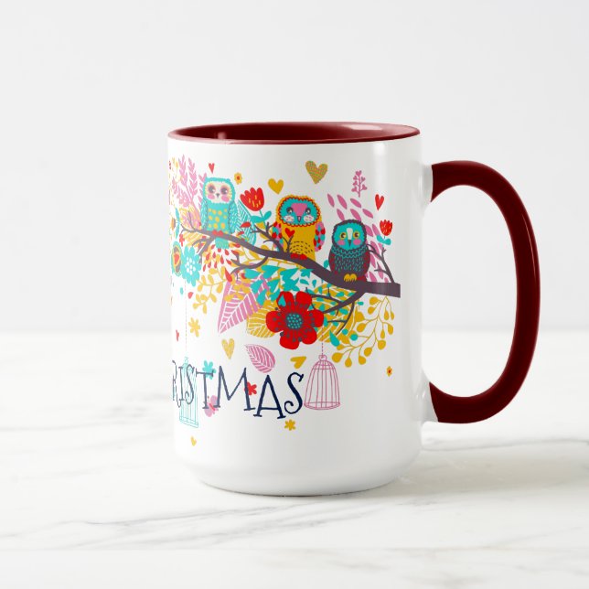 Mug Joyeux Noël Chouettes colorées & Fleurs (Droite)