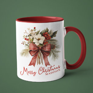 Mug Joyeux Noël Élégant Floral Nom personnalisé
