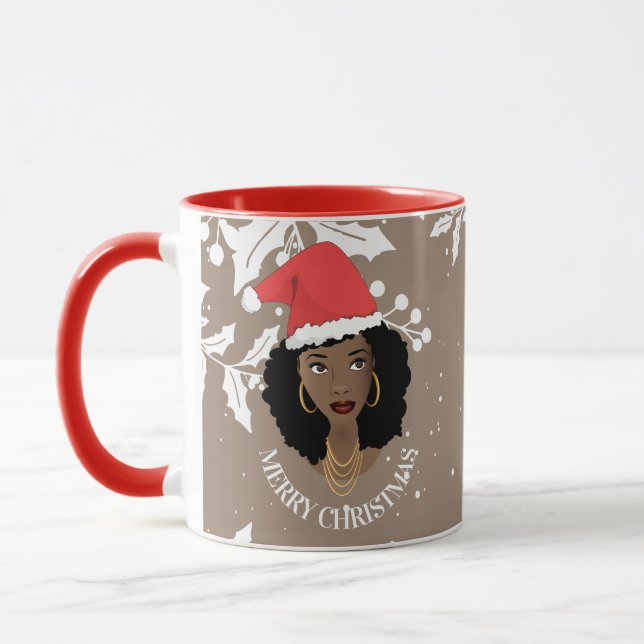 Mug Joyeux Noël, Femme noire, Chapeau rouge, Brown (Gauche)