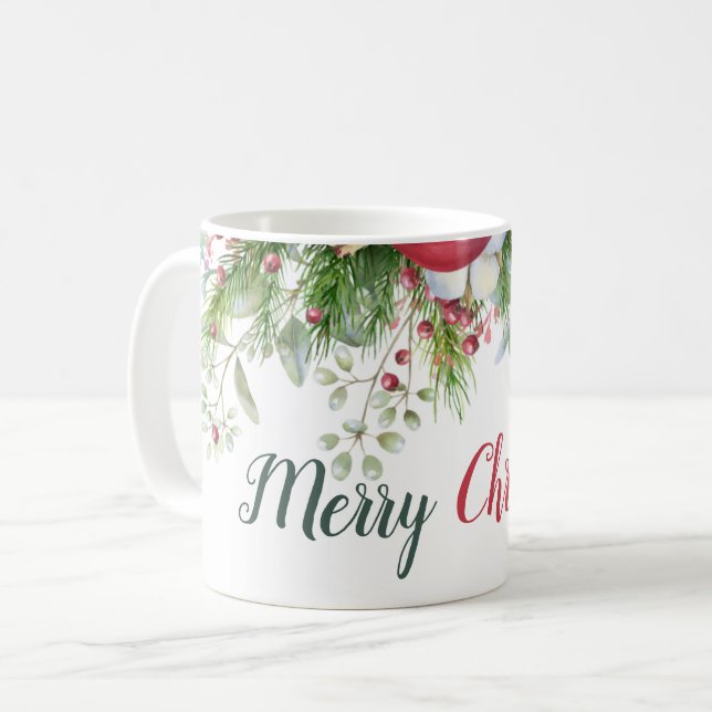 Mug Joyeux Noël Floral couronne rouge vert (Devant gauche)