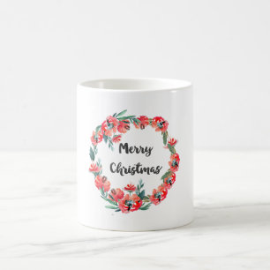 Mug Joyeux Noël Rouge Floral Aquarelle Wreath