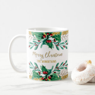 Mug Joyeux Noël Script or Aquarelle Holly Berry