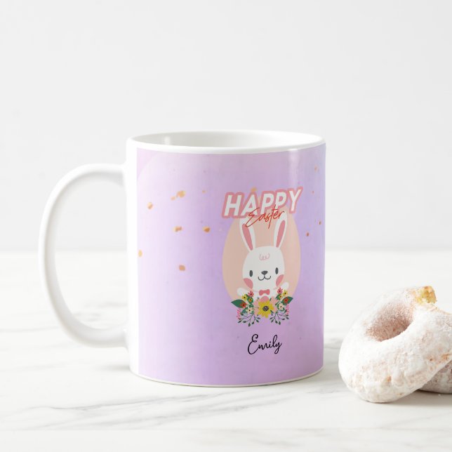 Mug Joyeux nom de fleur de lapin de Pâques (Avec donut)