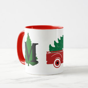 Mug Joyeux ramassage de Noël et monogramme d'arbre
