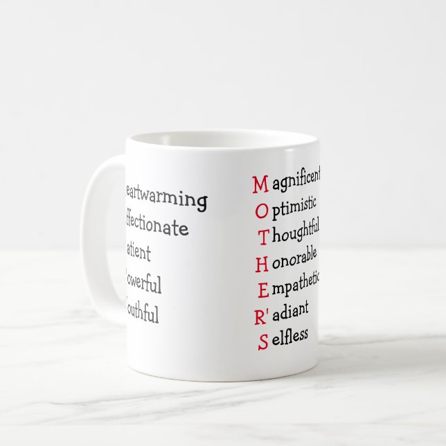 Mug Joyeux texte de la Fête des Mères avec adjectifs (Devant gauche)
